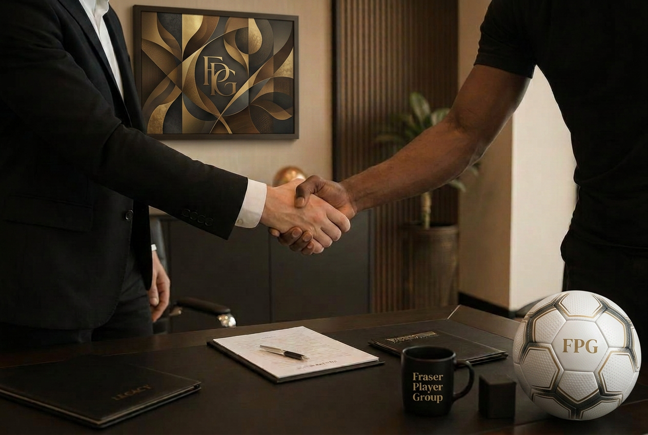 Football agent and player shaking hands in a professional office